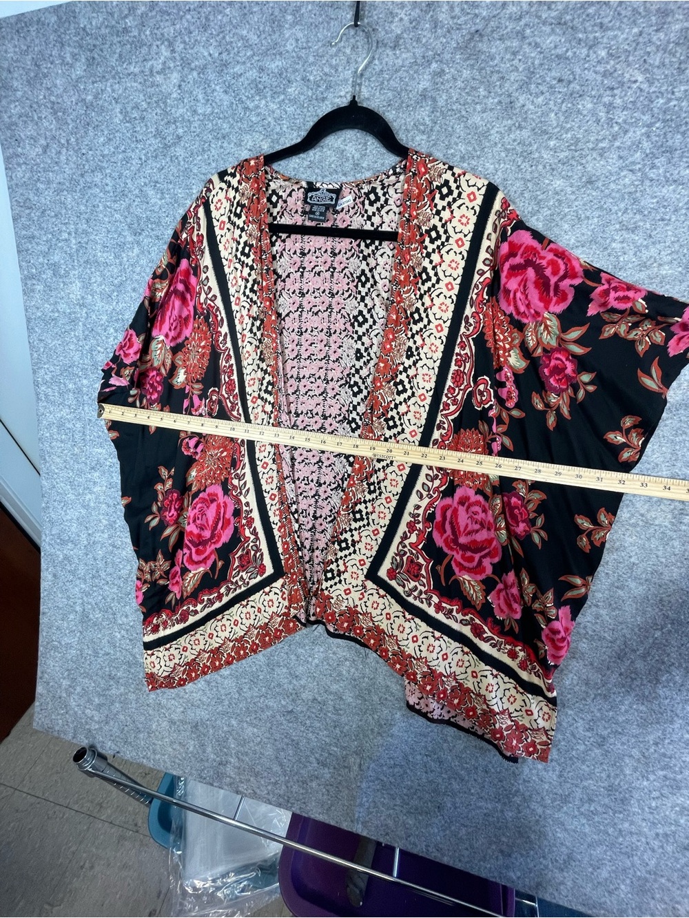 Angie Floral Boho Kimono Cardigan Black Pink Festival Resort Layering Size M - Picture 7 of 14